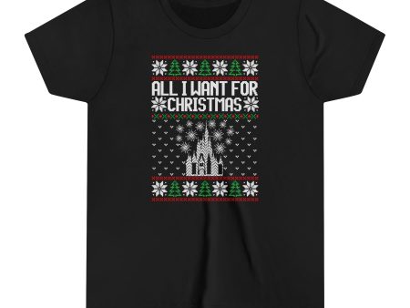 Disney World Ugly Sweater  All I Want for Christmas  Youth Short Sleeve Tee Shirt on Sale